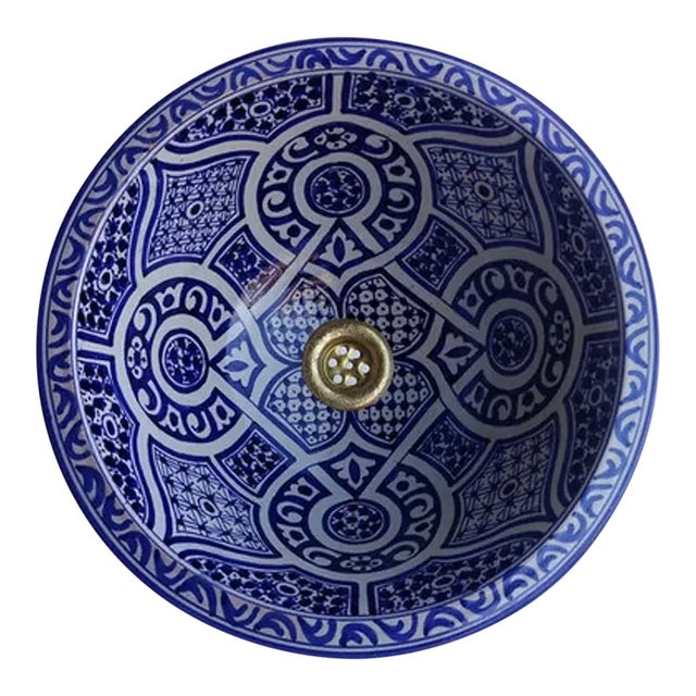 Contemporary Hamed' Blue Ceramic Sink Bowl With a Complex Hand-Paint for Bathroom For Sale
