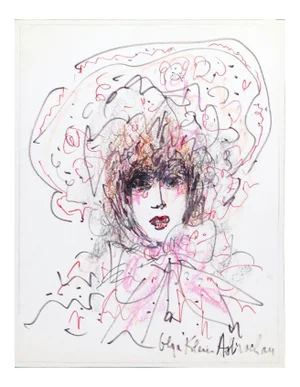 Portrait Of Lady With Hat - Pastel and Felt on Paper - 1970s 1970s