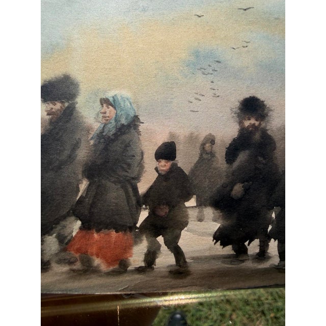Antique Watercolor of a Russian Winter Procession in Ornate Gilt Frame - Unsigned Unknown Artist For Sale - Image 13 of 17