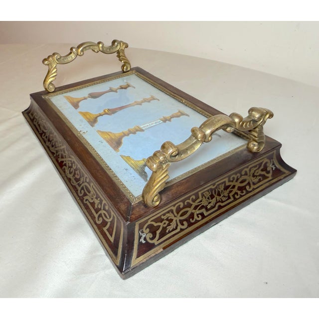 Antique 19th Century French Boulle Wood Brass Original Watercolor Vanity Tray For Sale - Image 9 of 14