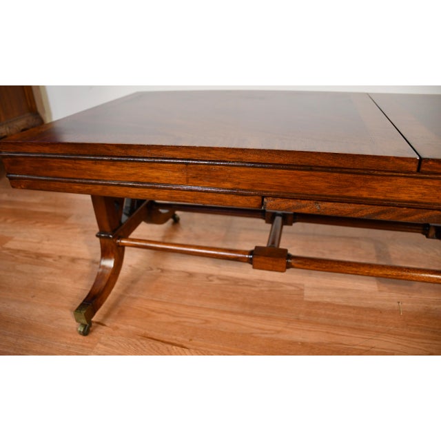 1930 English Regency Mahogany Banded Satinwood Coffee Table With Extending Leaf For Sale - Image 11 of 18