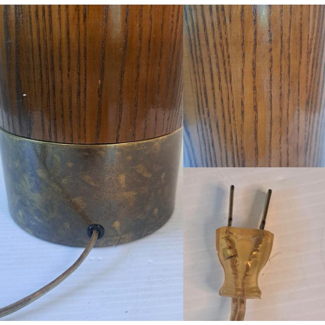 Brass Vintage Mid-Century Modern Oak and Brass Cylinder Table Lamp For Sale - Image 8 of 13