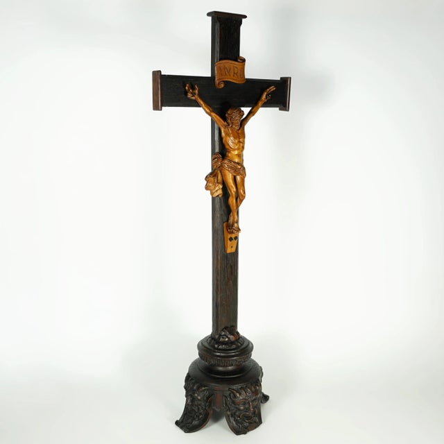 Gothic 19th Century Antique Neo Gothic Carved Wood Corpus Christ Crucifix Altar Piece, Devil Feet For Sale - Image 3 of 9