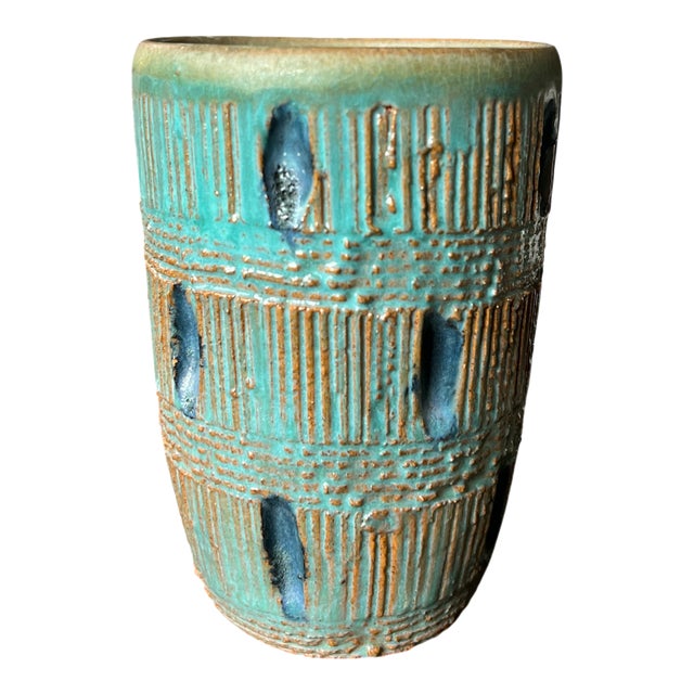 Mid-20th Century Signed Textural Studio Pottery Vase in Turquoise and Ochre For Sale