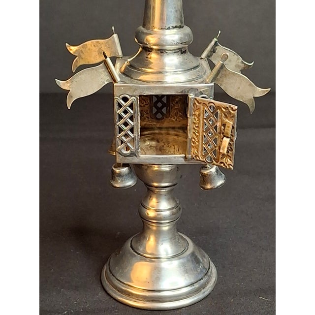 Vintage Sterling Silver Besamim Spice Tower Havdalah Judaica Bells Flags 72g For Sale - Image 12 of 17