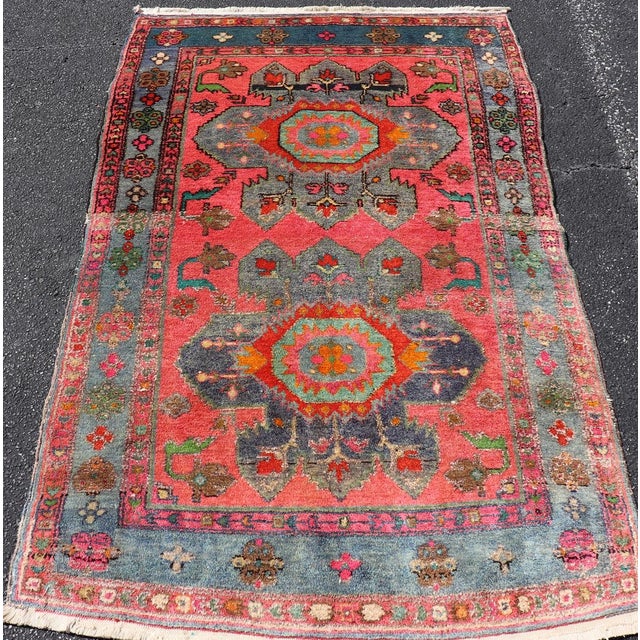 Salmon Vintage Caucasian Kazak Rug With Twin Medallions and Blue Border 3'9 X 6'1 For Sale - Image 8 of 12