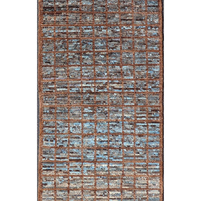 Keivan Woven Arts Modern Runner in Distressed Moroccan Squared Design With Blue Measures: 2'9 x 9'8 Keivan Woven Arts...