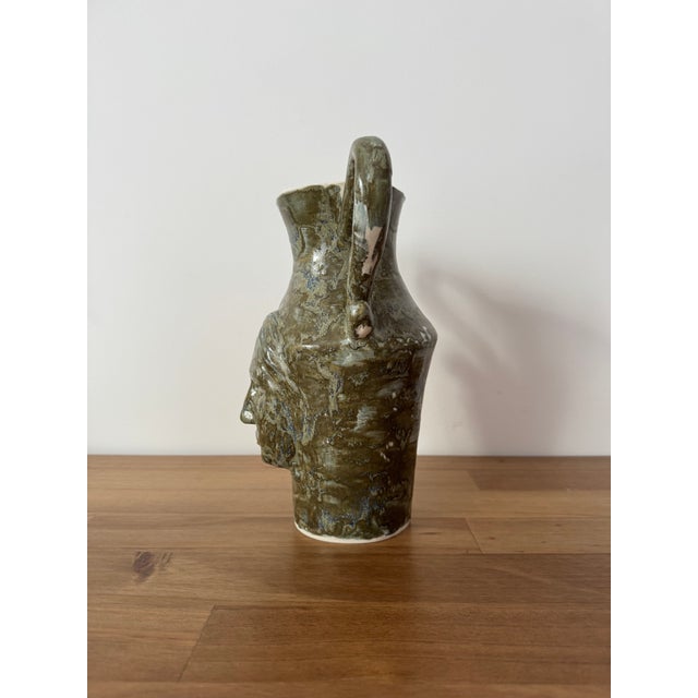Handmade Ceramic Face Vase, Green Glazed Pottery Amphora With Handles, Unique Sculptural Vase, Rustic Home Decor For Sale - Image 6 of 6