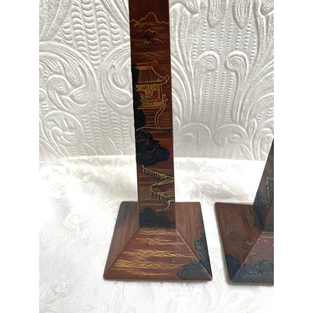 Pair of Antique 1890s Japanese Lacquer Candlesticks For Sale - Image 9 of 11