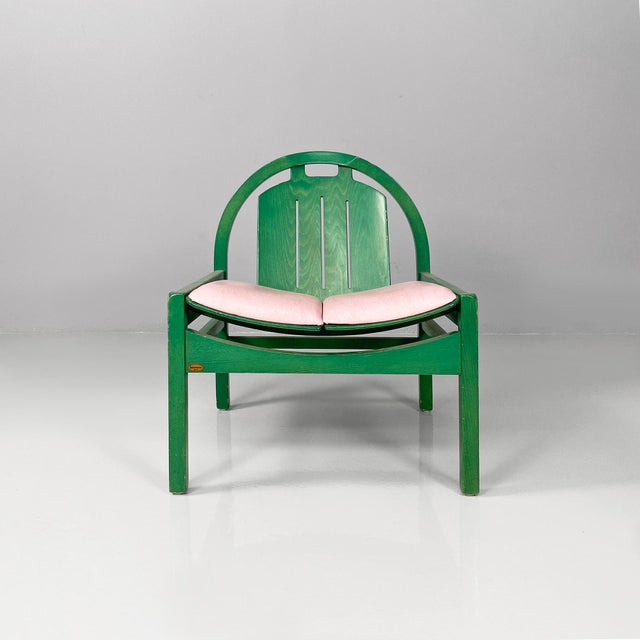 French modern pink leather and green wood Argos armchair by Baumann, 1970s. Fantastic Dining Room Chair Argos model with...