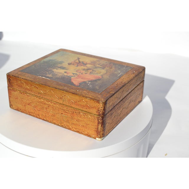 Wood Gold Florentine Italian Wooden Box of Men Serenading Lady For Sale - Image 7 of 10
