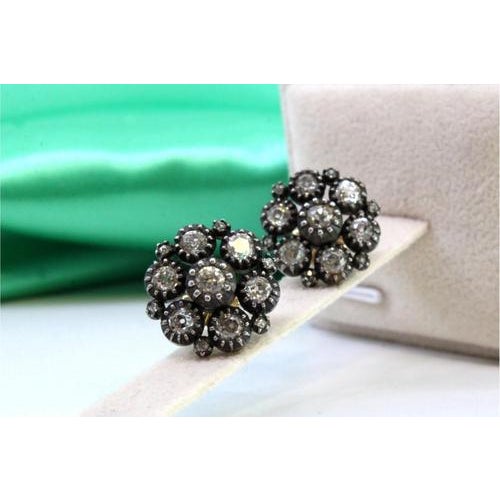 Metal Gold and Silver Earrings with Rose Cut Diamonds and Chips, Set of 2 For Sale - Image 7 of 8