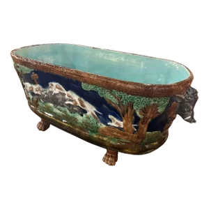 19th Century French Barbotine Ceramic Hounds & Boar Cache Pot From Sarreguemines