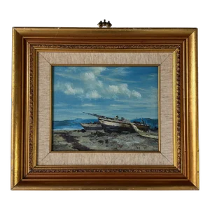 1970's Vintage Dali “Beached Boats by the Shore” Oil on Canvas Painting, Frame