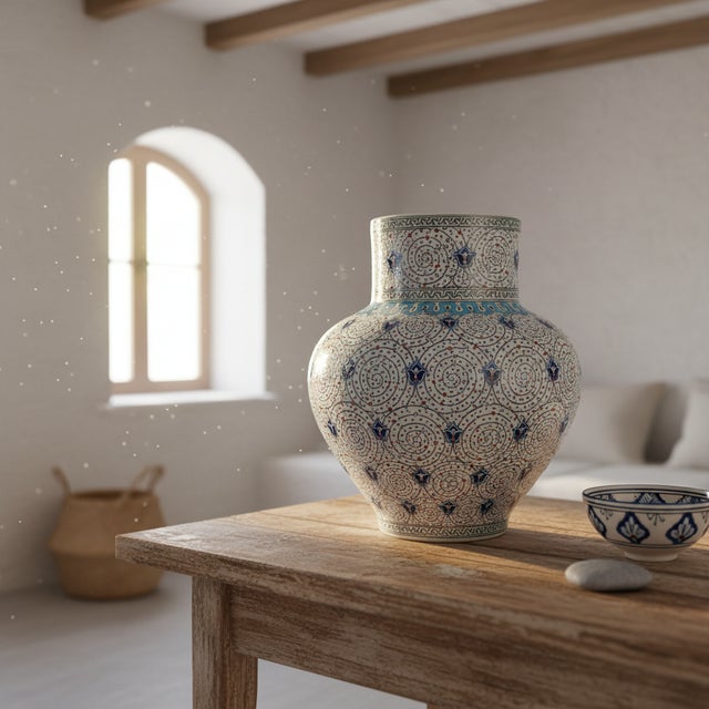 The Infinite Labyrinth This 50cm Handmade Ceramic Iznik Halic Style Vase is a triumph of detail. It is a monumental piece...