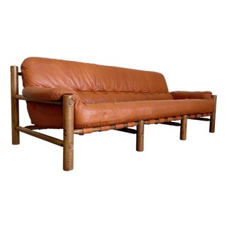 Mid Century Brazilian Sergio Rodriguez Style Cognac Leather Sofa For Sale
