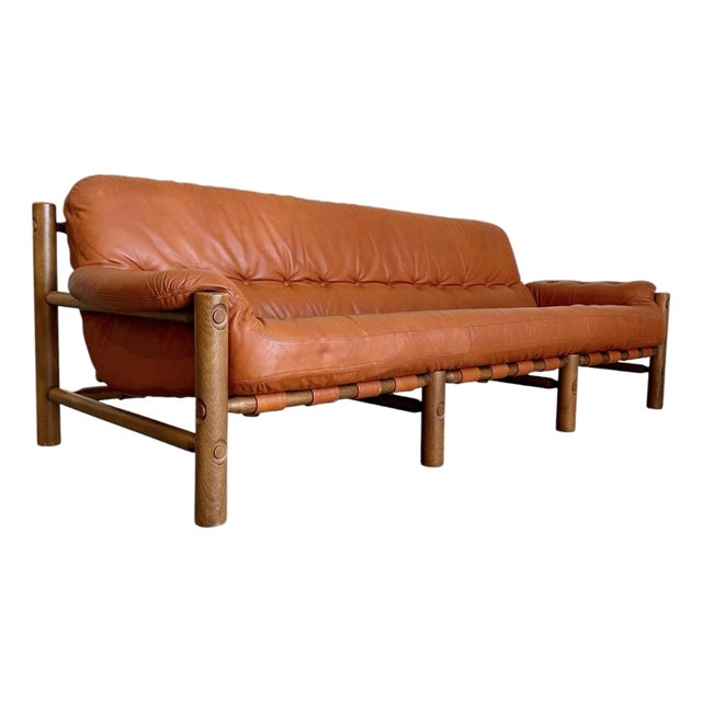Mid Century Brazilian Sergio Rodriguez Style Cognac Leather Sofa For Sale