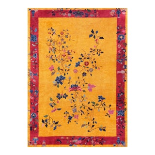 1920s Canary Yellow Floral Sprays Antique Chinese Art Deco Carpet 6'2" X 8'8" Knotted Wool Rug For Sale