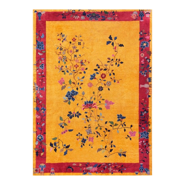 1920s Canary Yellow Floral Sprays Antique Chinese Art Deco Carpet 6'2" X 8'8" Knotted Wool Rug For Sale