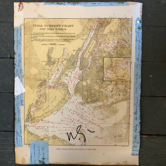 1980s Original Vintage Abstract Wayne Cunningham Goliath Over Ny Harbor Map Collage/Painting For Sale - Image 5 of 7