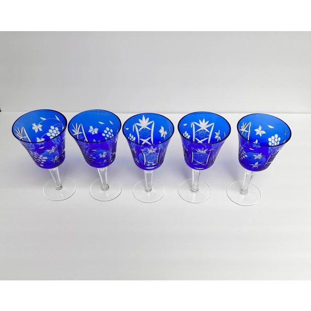 Bohemia Cobalt Blue Cut to Clear Crystal Glasses- Set of 5 For Sale - Image 4 of 11
