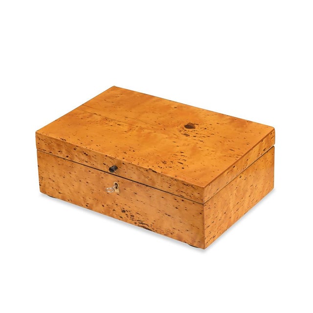 Box Biedermeier style, circa 1830, birch veneer, lockable, small knob handle, lined with handmade paper, shellac finish...