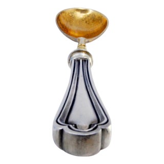 Silver Sauce Spoon with Golden Shell and Raised Stripes For Sale