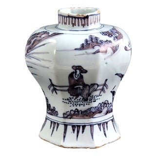 Antique Dutch Blue and Manganese Octagonal Baluster Vase from Delft, 1680 For Sale