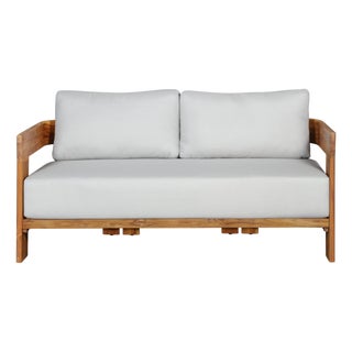 Paradiso Outdoor Solid Teak Wood Love Seat - Light Gray Fabric For Sale