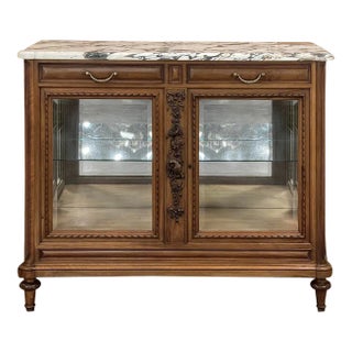 Antique French Louis XVI Maple Marquetry Marble Top Display Buffet For Sale