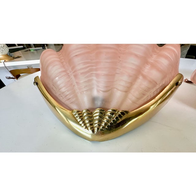 Glass Pair Art Deco Shell Clam Shaped Pink Glass Brass Wall Sconce For Sale - Image 7 of 18