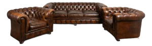 Vintage 20th Century Chesterfield Brown Leather Sofa and Two Club Chairs