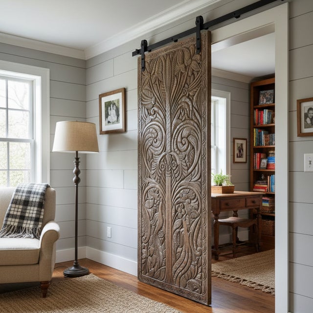 Wood Reclaimed Wood Tree of Life Carved Barn Door – Rustic Handcrafted Statement Door 84x36 For Sale - Image 7 of 7