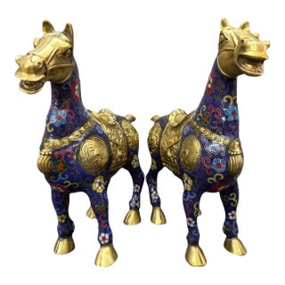 Impressive Pair of Vintage Cloisonné Enamel War Horses For Sale