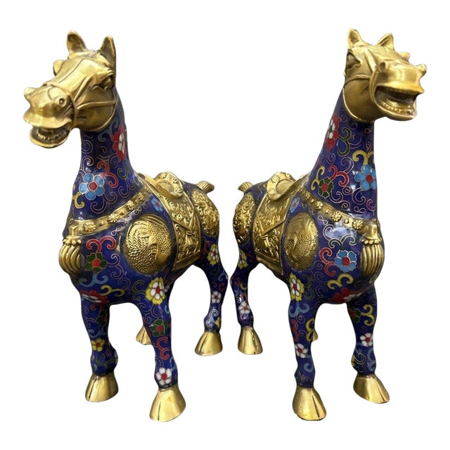 Impressive Pair of Vintage Cloisonné Enamel War Horses For Sale
