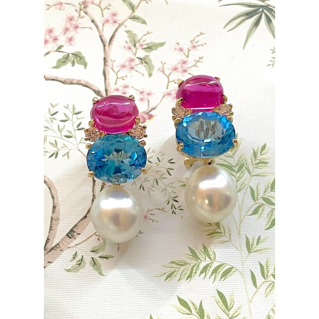 Christina Addison Medium 18kt Yellow Gold Gum Drop™ Earrings With Pink Topaz and Diamonds With Detachable Pearls For Sale - Image 12 of 12