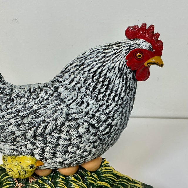 1950s Americana Arts & Crafts Farmhouse Cast Iron Hen, Chick & Eggs Doorstop For Sale - Image 6 of 13