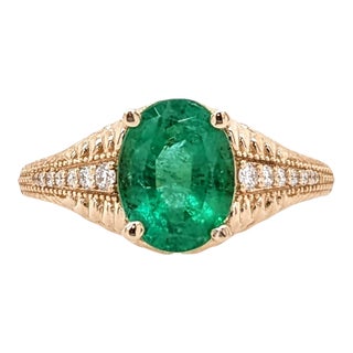 1.5ct Emerald Ring with Earth Mined Diamonds in Solid 14k Yellow Gold Oval Size 6.75 For Sale