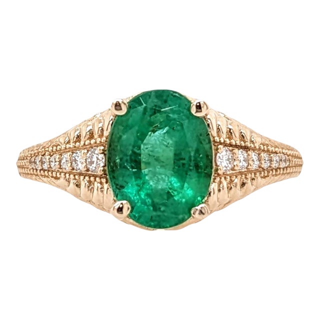 1.5ct Emerald Ring with Earth Mined Diamonds in Solid 14k Yellow Gold Oval Size 6.75 For Sale
