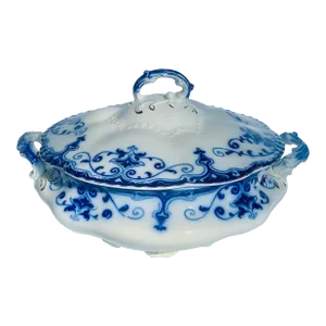 Antique English Victorian Style ‘The Jewel (Flow Blue)’ by Johnson Brothers Round Covered Vegetable Tureen Dish