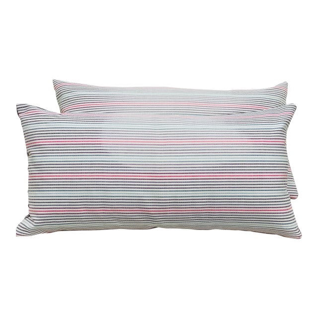 Wool Stripe Deep Reds & Medium Blues Lumbar Pillows - a Pair For Sale
