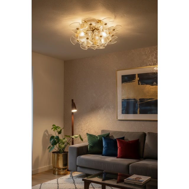 Murano Glass Tole Gold Gilded Flower Flushmount Ceiling Light Sculptural and refined ceiling light composed of hand-formed...