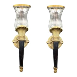 Mid 20th Century Neoclassical Cast Brass Torch Sconces — a Pair Sculptural French-Inspired Architectural Lighting For Sale