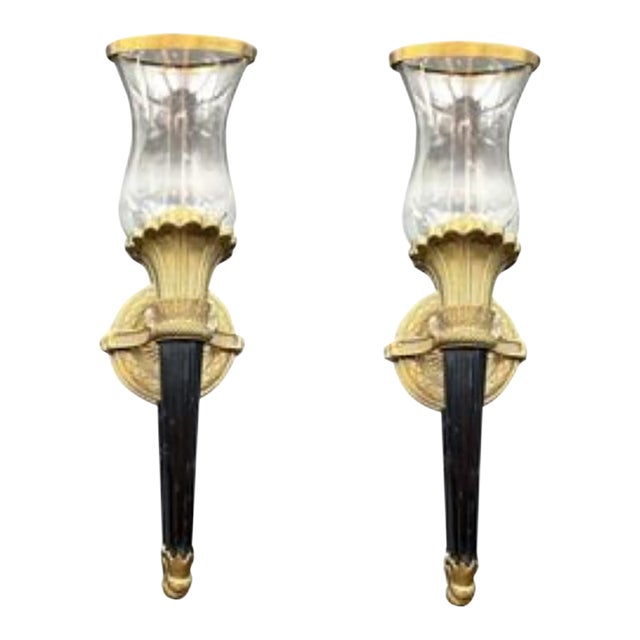 Mid 20th Century Neoclassical Cast Brass Torch Sconces — a Pair Sculptural French-Inspired Architectural Lighting For Sale