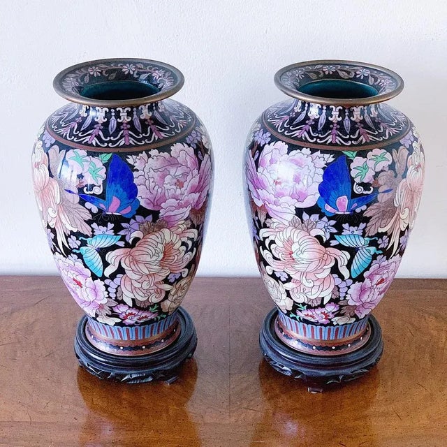Late 19th Century Chinese Cloisonné Vase of Peonies and Butterflies on Black of Pink Blue Purple Enamel and Brass - a Pair For Sale - Image 4 of 7