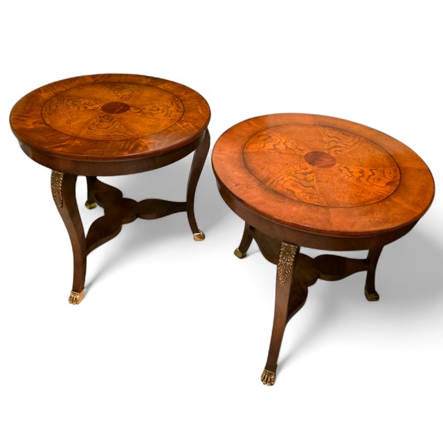 Mid 20th Century Baker Furniture Round Fruit Wood and Mahogany Bronze Mounts Claw Feet Gueridon Side Tables - Set of 2 For Sale - Image 9 of 18
