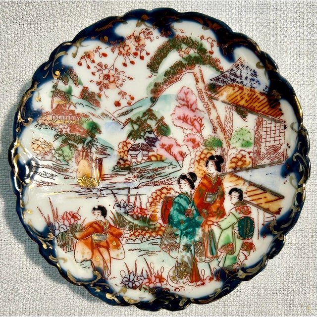1920’s Antique Japanese Chinoiserie Hand Painted Traditional Geisha Girl & Pagoda Plates & Small Bowls - A 17 Piece Set For Sale - Image 9 of 12