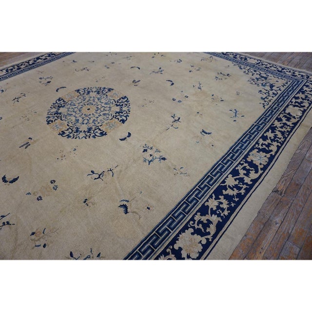 1920s Beige Field Classic Greek Key Antique Chinese Peking Room Size Knotted Rug For Sale - Image 4 of 10