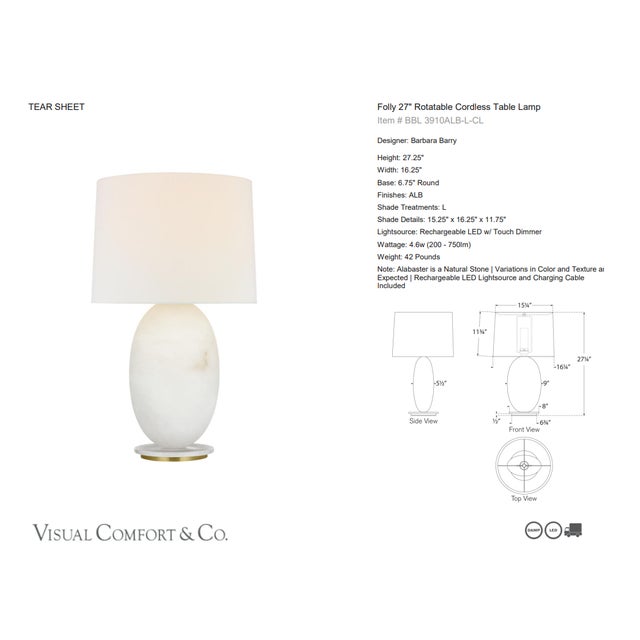Barbara Barry by Visual Comfort Signature Folly 27" Rotatable Cordless Table Lamp in Alabaster with Linen Shade Designer:...