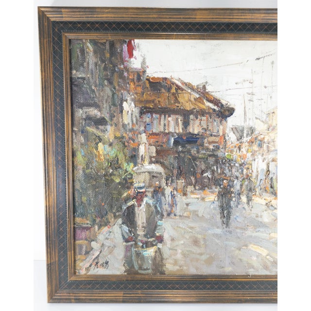 We are selling this 20th century Asian oil painting. This unique impressionistic oil on canvas painting depicts a bustling...
